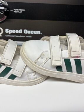 adidas White Kids Sneakers with Green Stripes - Velcro